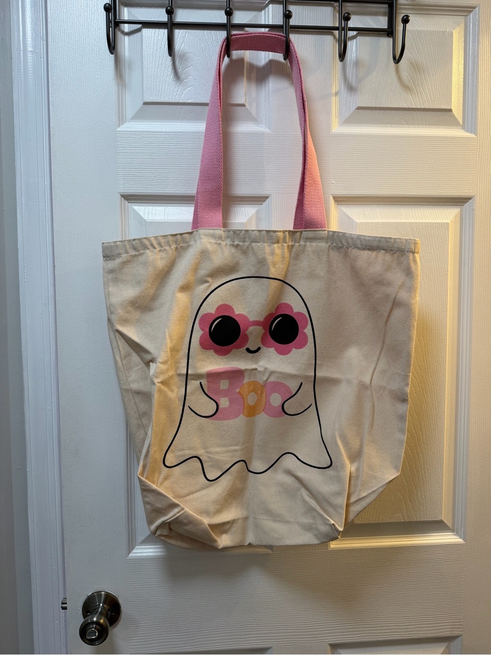 Canvas Tote Bag with Pink Handles and Cute Ghost Graphic